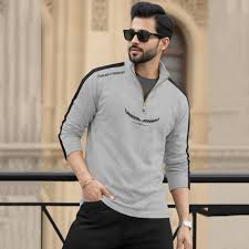 Men Full Sleeve High Neck Cotton Blend Grey-Black T-Shirt